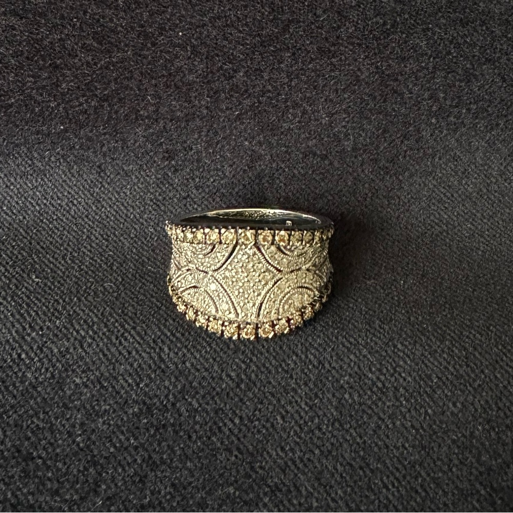 Vintage Zales Champagne and White Diamond Concave Ring in 10k White Gold- size 7